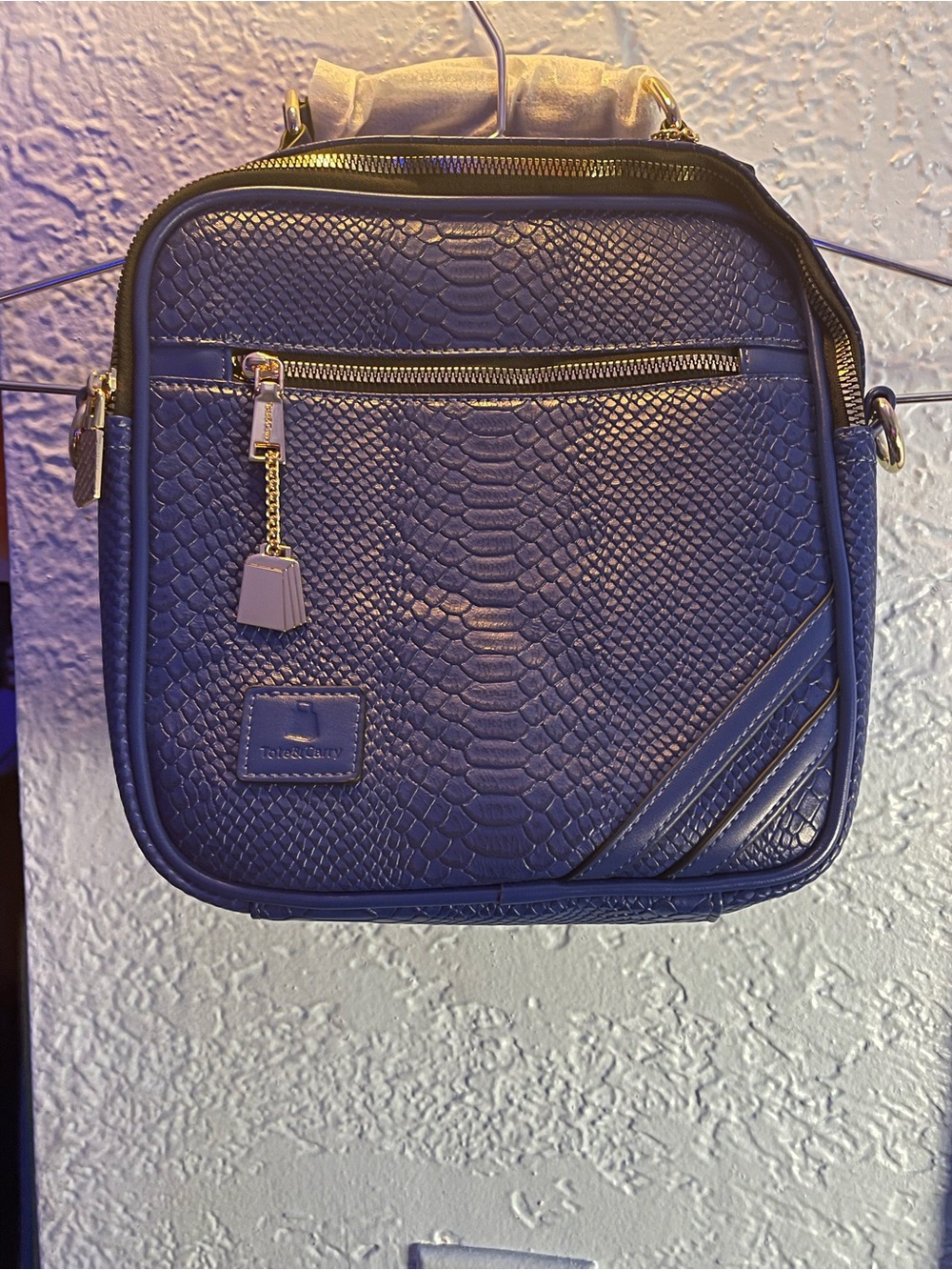 Men's Navy Textured Messenger Bag with Gold Accent